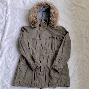 LOFT Olive Green Coat w Removable Fur Trimmed Hood